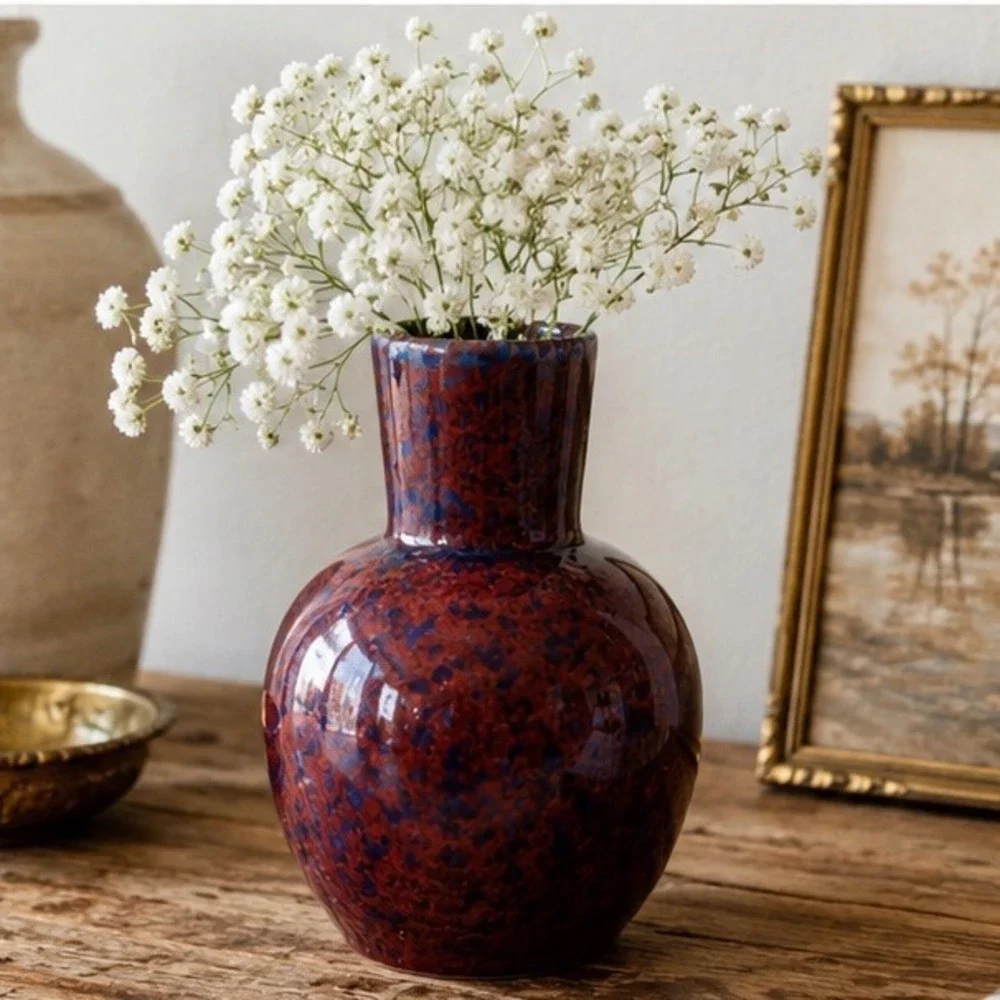 Vintage Studio Pottery Vase Oxblood Red Blue Mottled Glaze Bulbous Pottery MCM